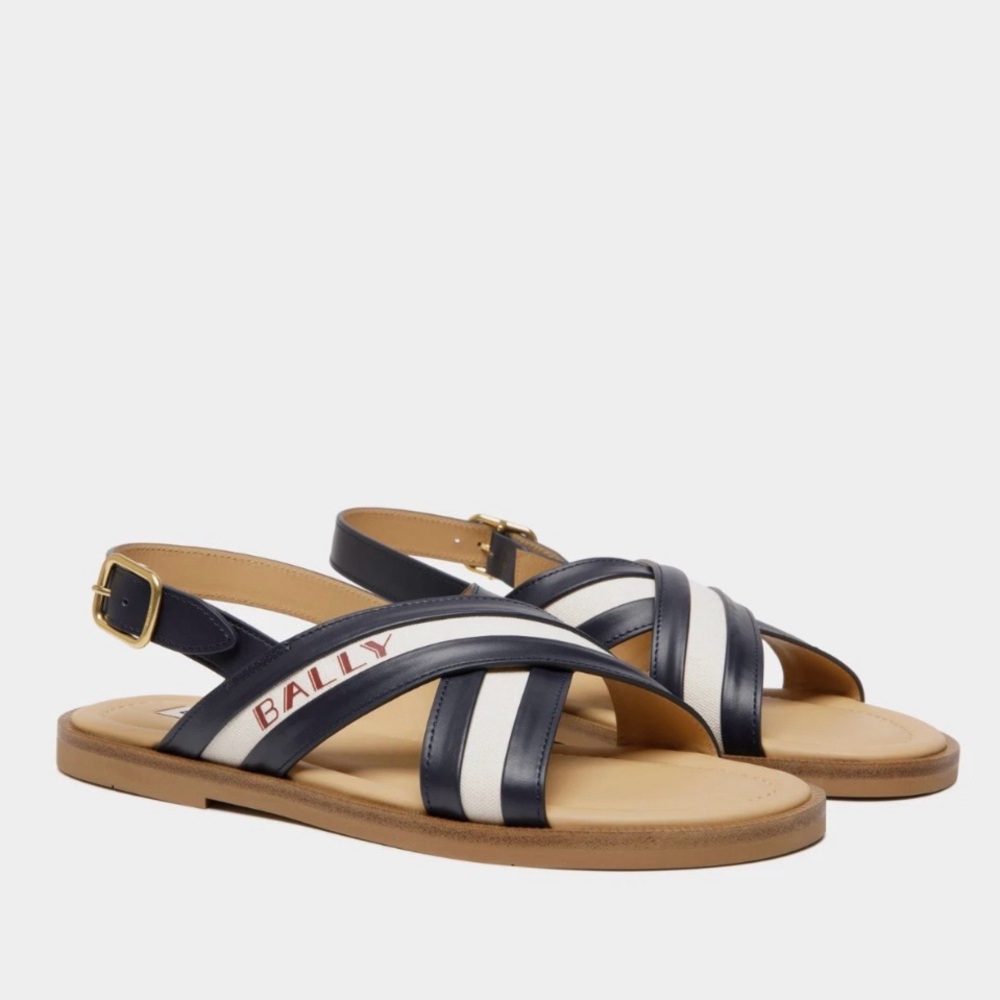 Bally Navy, White & Tan Leather Cross-Strap Slingback Sandals